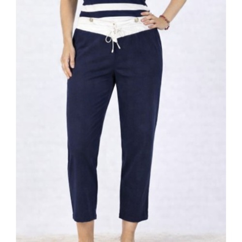 Brooks Brothers Cotton Crop Pants XL Blue White‎ Button Drawstring Coastal Chic